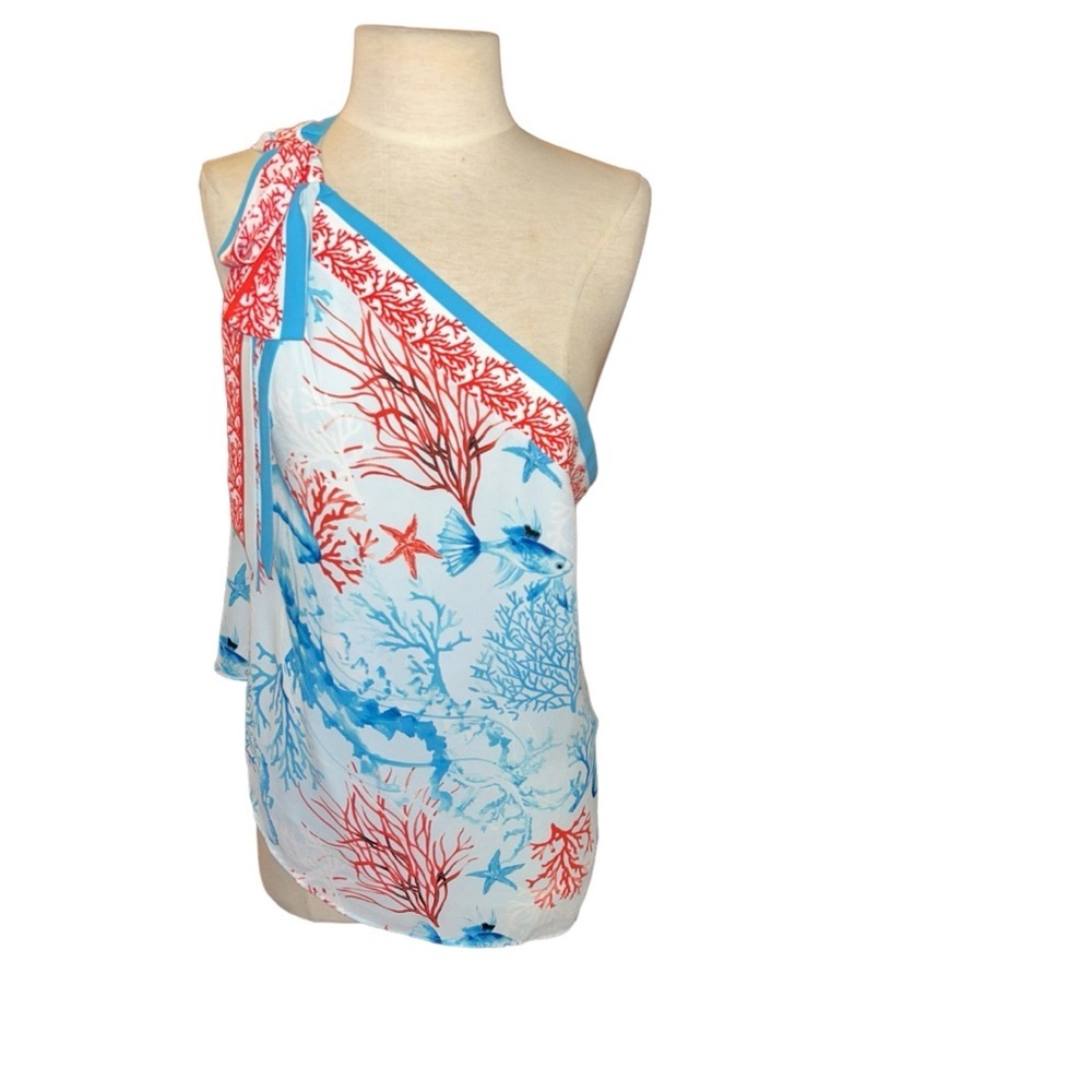 White House Black Market Coral/Jellyfish Print One Shoulder Tie Top blouse M